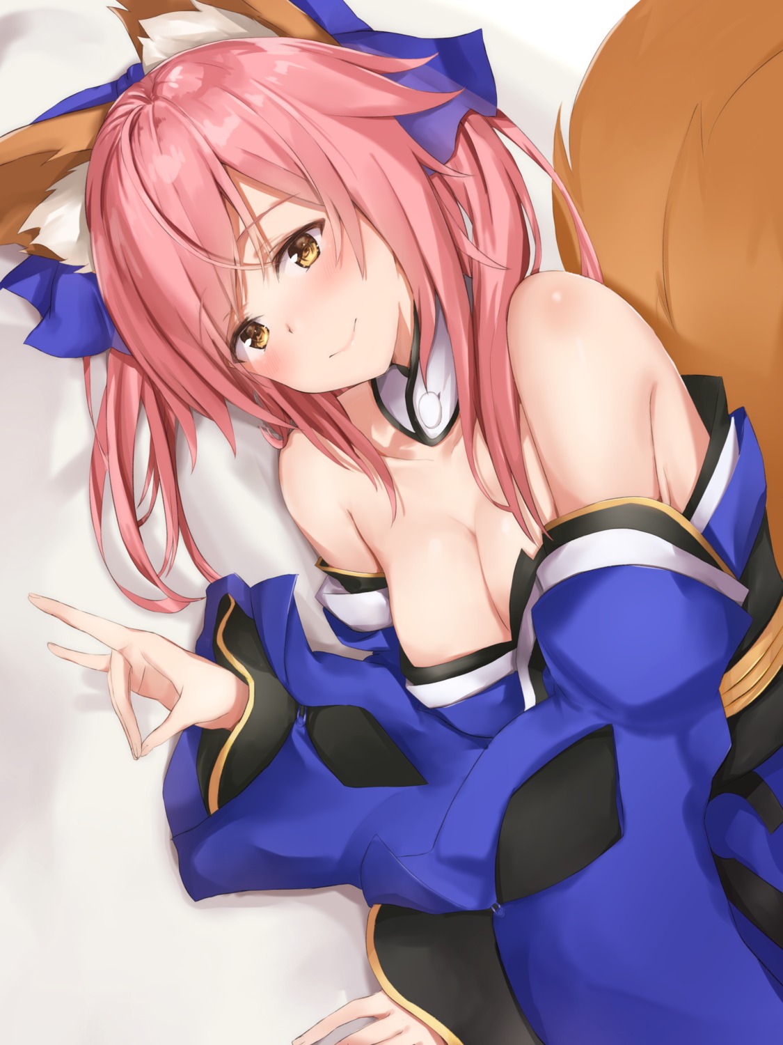 animal_ears cleavage fate/extra fate/grand_order fate/stay_night japanese_clothes kitsune maosame no_bra open_shirt tail tamamo_no_mae