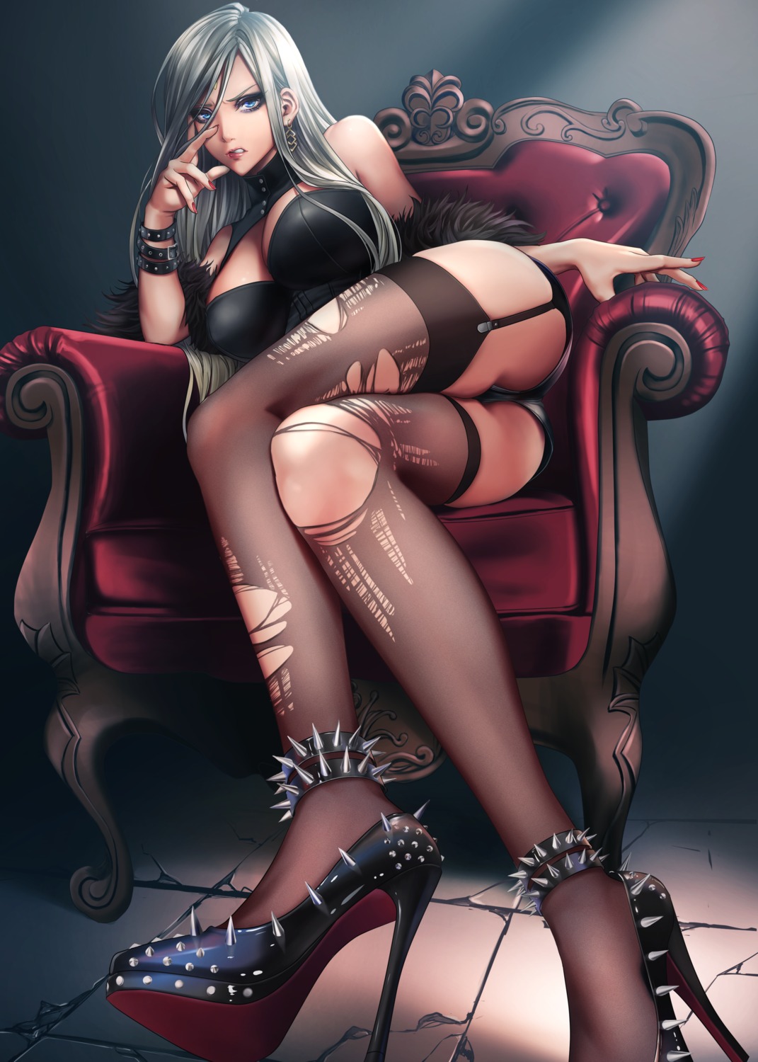 heels no_bra sadakage stockings thighhighs torn_clothes