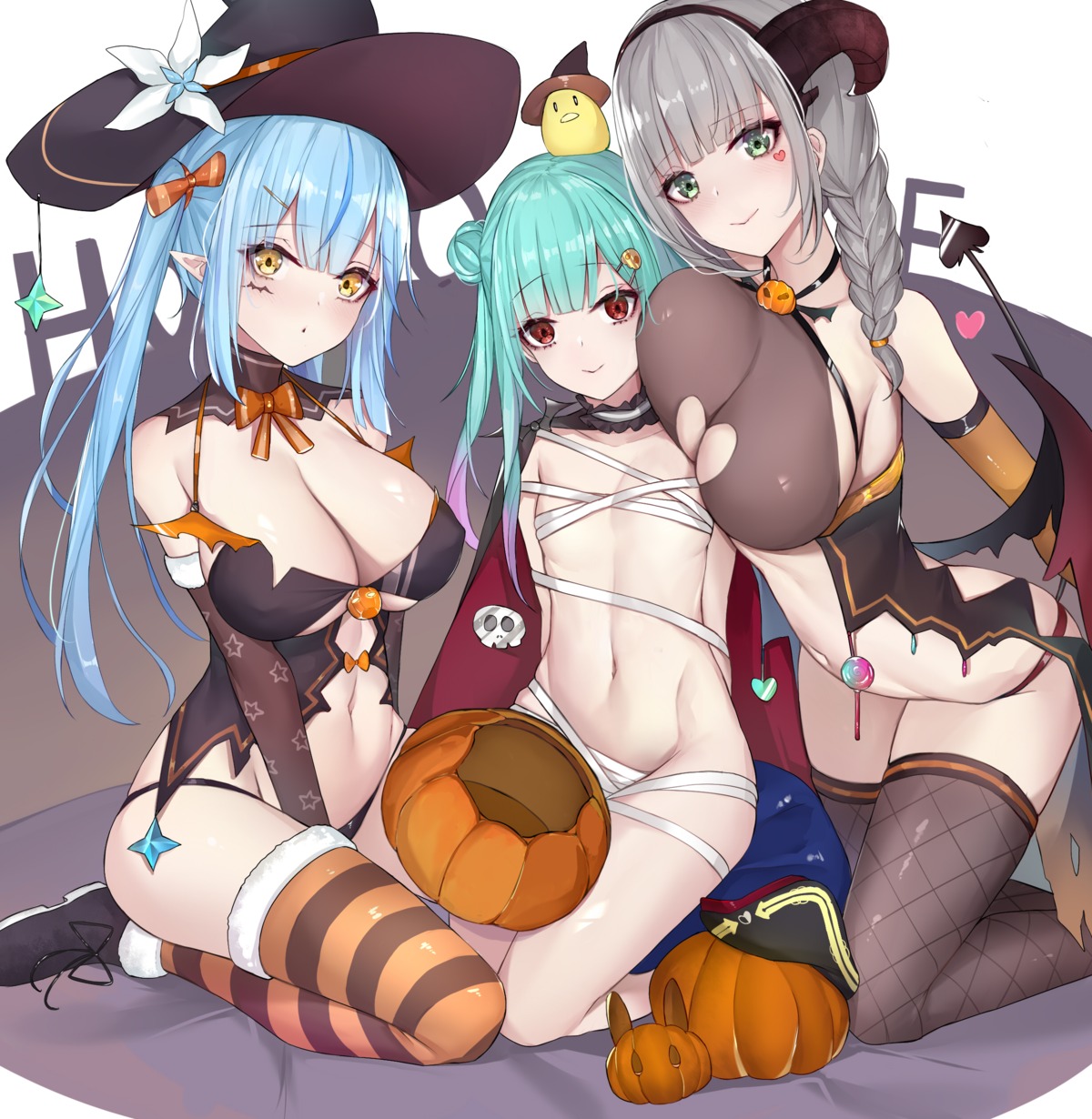 elf erect_nipples fishnets halloween hololive horns loli naked_cape naked_ribbon no_bra pantsu pointy_ears sherryqq shirogane_noel tail thighhighs torn_clothes uruha_rushia wings witch yukihana_lamy