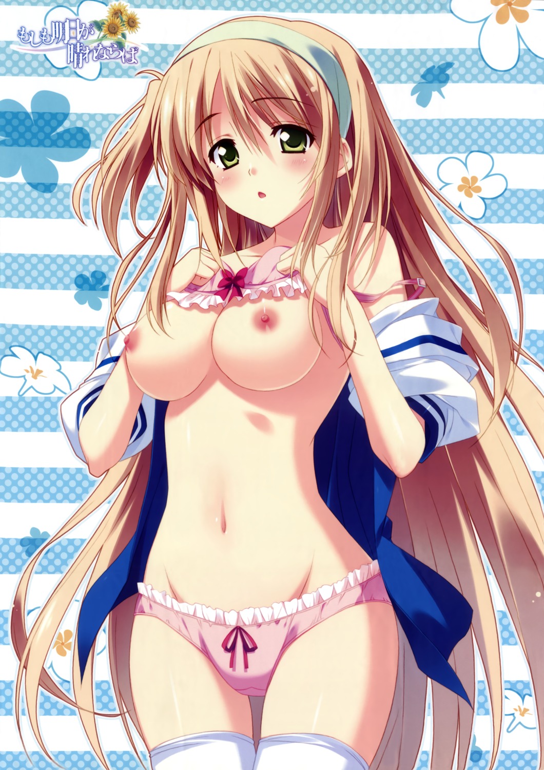 bra breasts fixed kusukusu moshimo_ashita_ga_hare_naraba nipples nonosaki_akiho open_shirt palette pantsu seifuku thighhighs