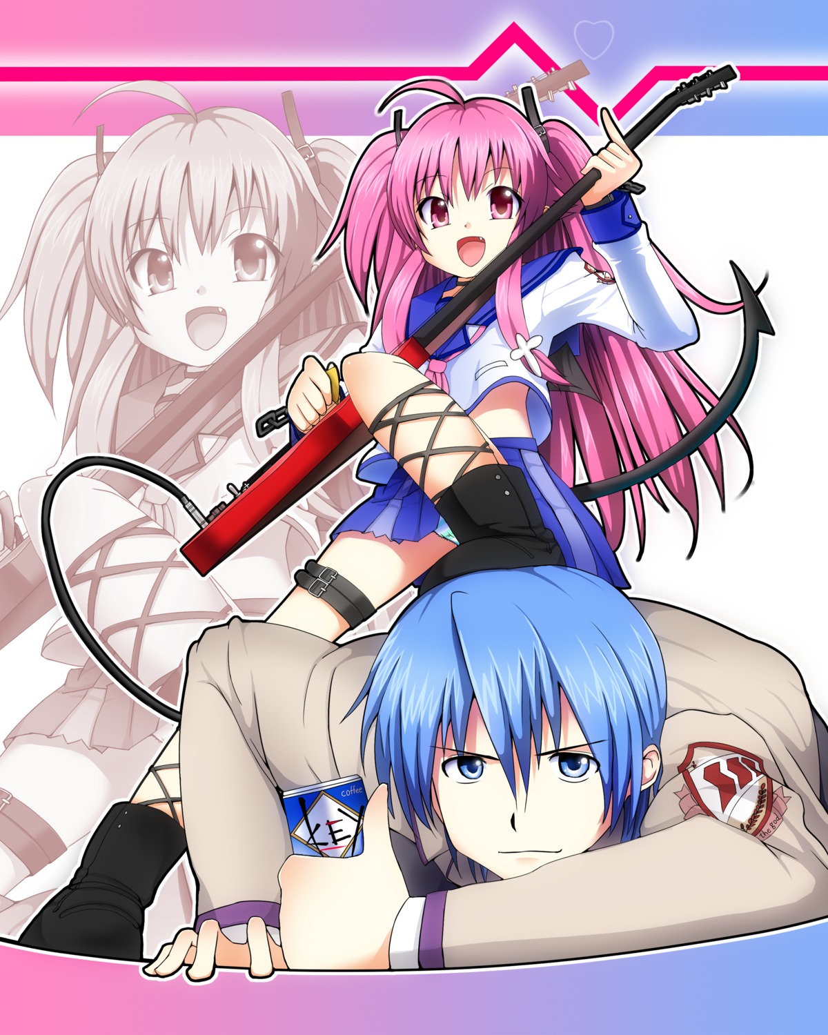 angel_beats! garter guitar hinata_hideki masamuu pantsu seifuku shimapan tail yoshioka_yui