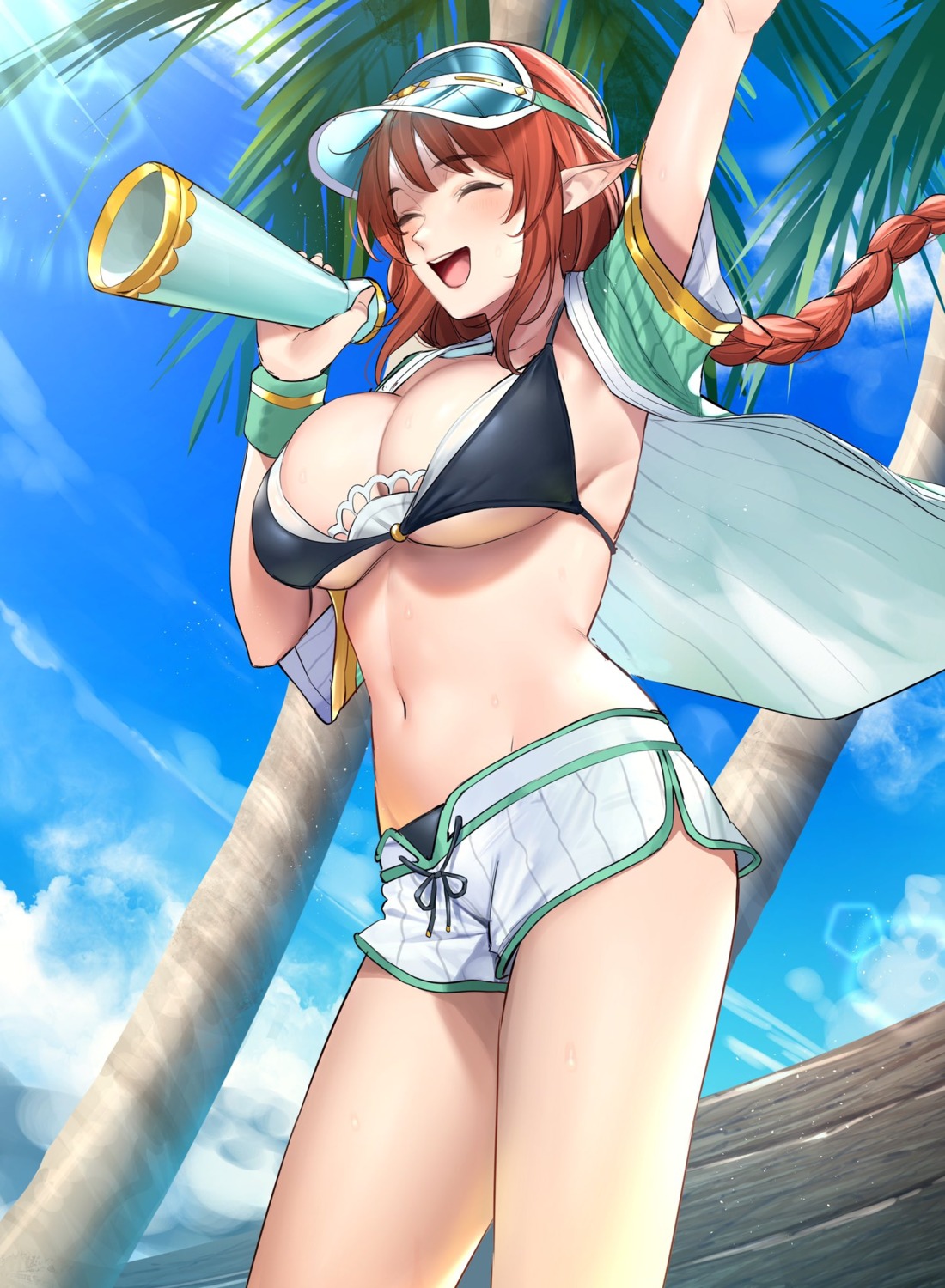 aikawa_misato bikini hiyashi_mirano open_shirt pointy_ears princess_connect princess_connect!_re:dive swimsuits