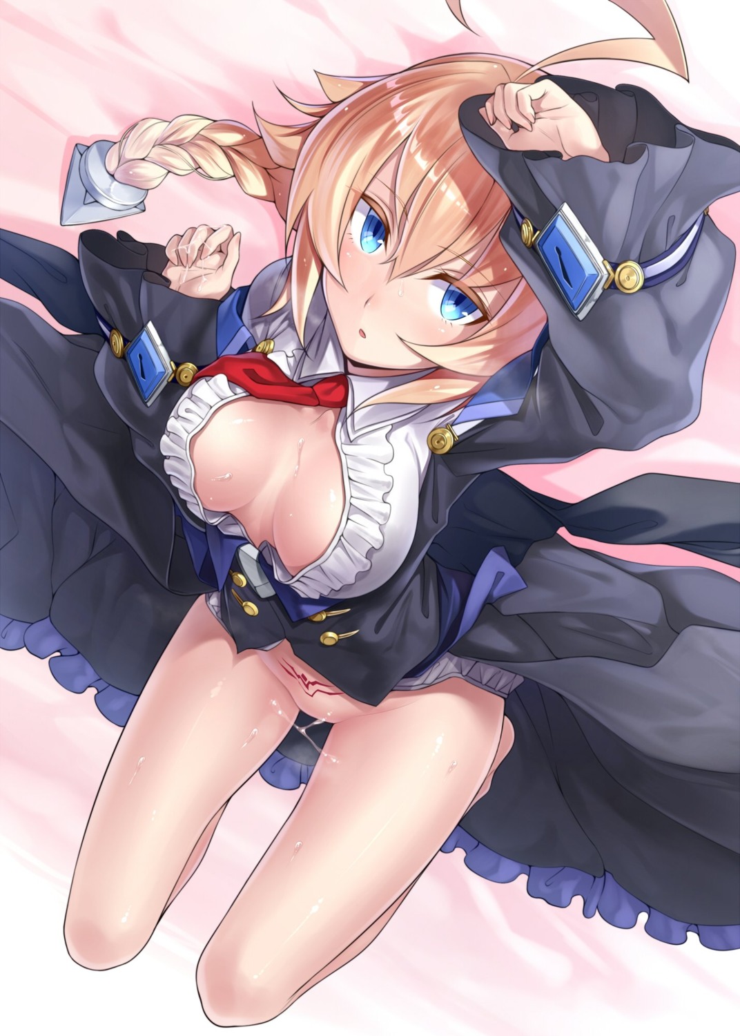 blazblue bottomless cleavage es_(xblaze_code:_embryo) no_bra open_shirt orochi_itto pussy_juice tattoo