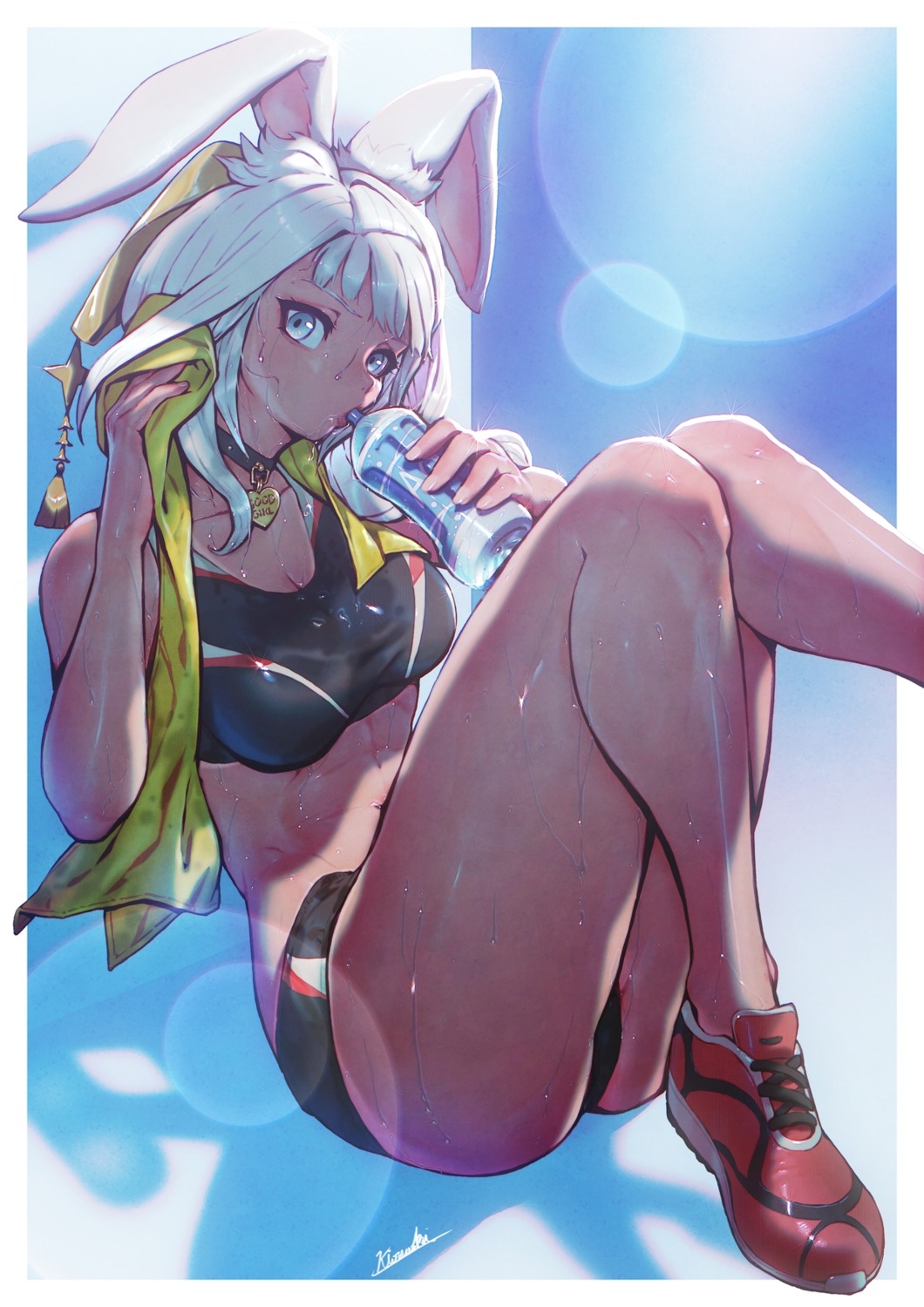 animal_ears bra bunny_ears buruma gym_uniform kio_naoki towel wet