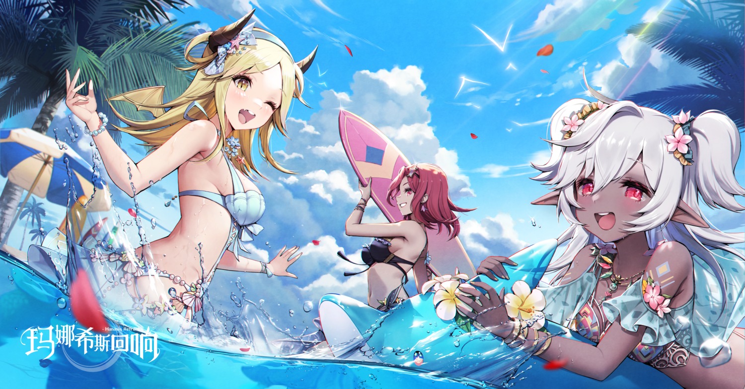 bikini cleavage horns manasis_refrain monini pointy_ears see_through swimsuits wet wings