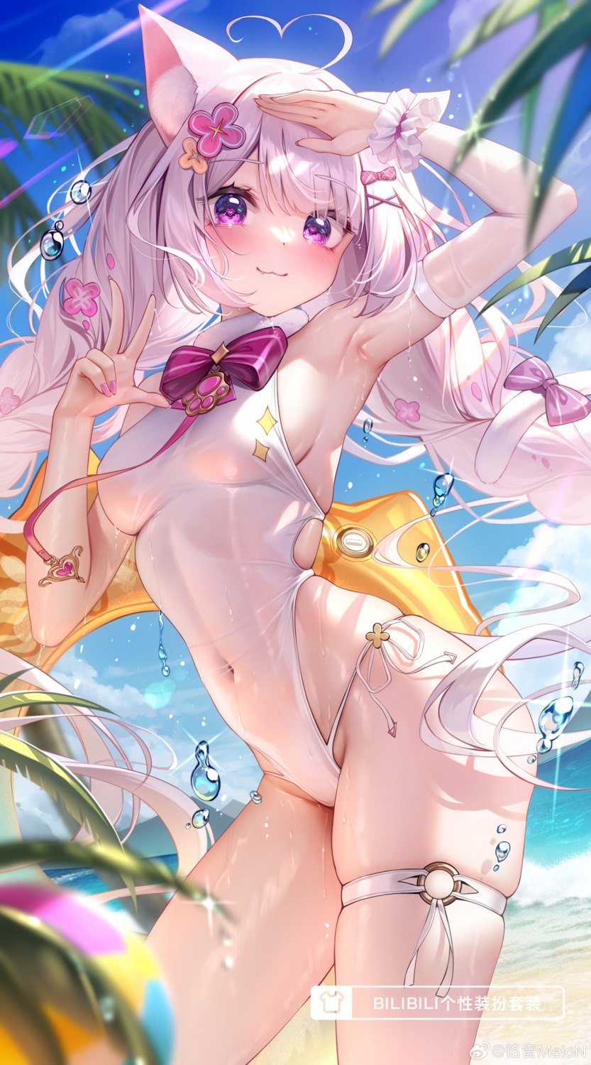 animal_ears asakawa_tamano garter indie_virtual_youtuber meion nekomimi see_through swimsuits tail watermark wet wet_clothes