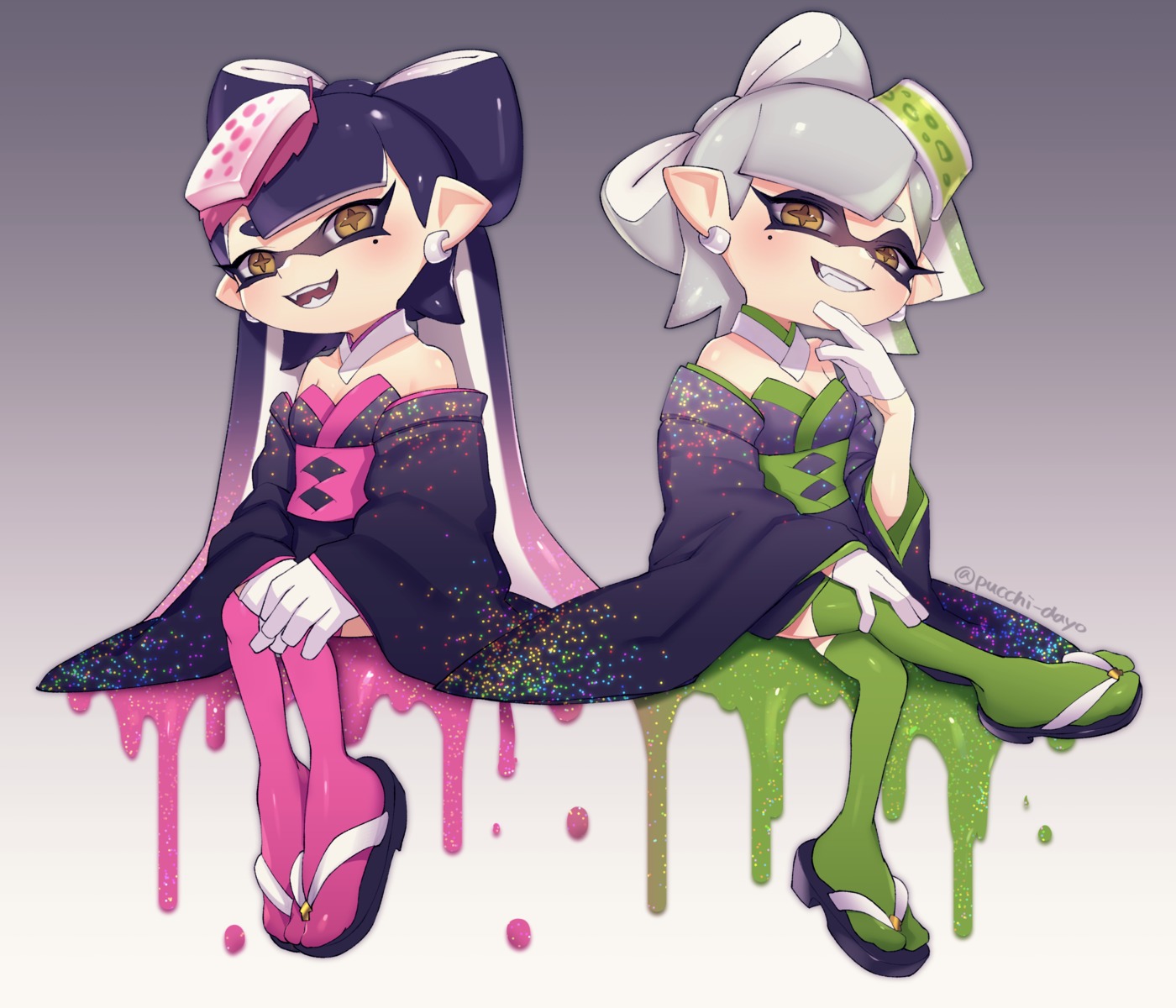 aori_(splatoon) cleavage hotaru_(splatoon) japanese_clothes no_bra pointy_ears puchiman splatoon thighhighs