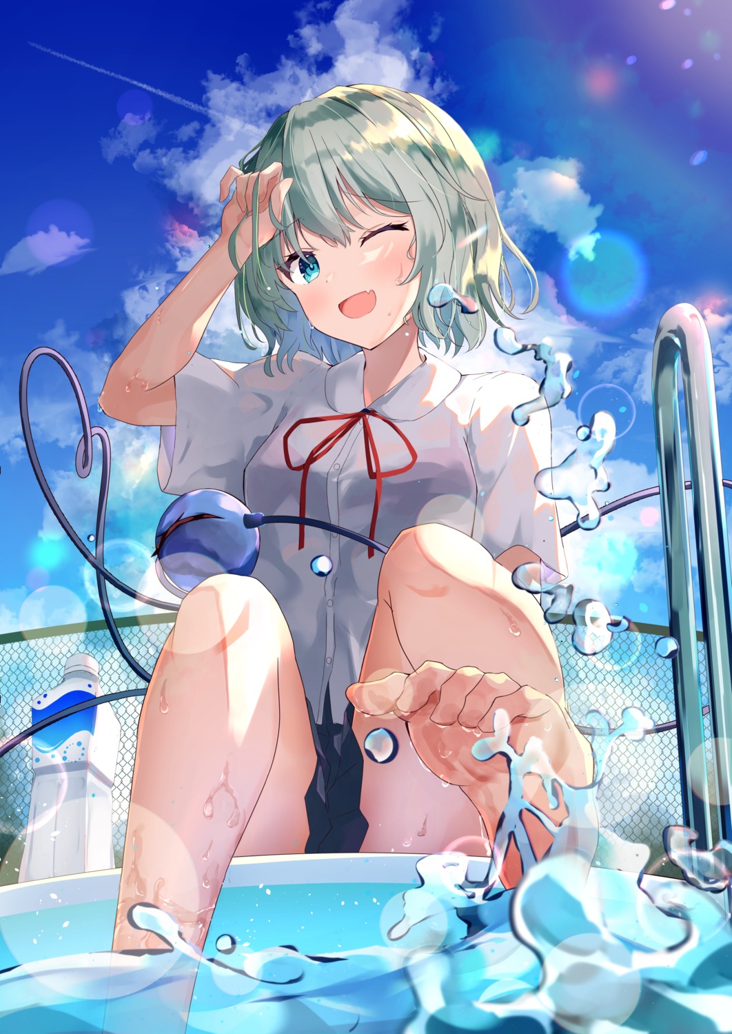 feet kirikaze_ren komeiji_koishi school_swimsuit see_through seifuku swimsuits touhou wet wet_clothes