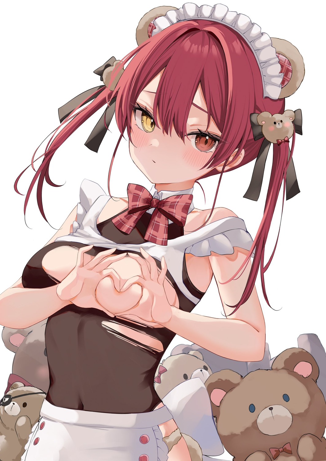 animal_ears breast_hold breasts heterochromia hololive houshou_marine maid no_bra rikotan torn_clothes