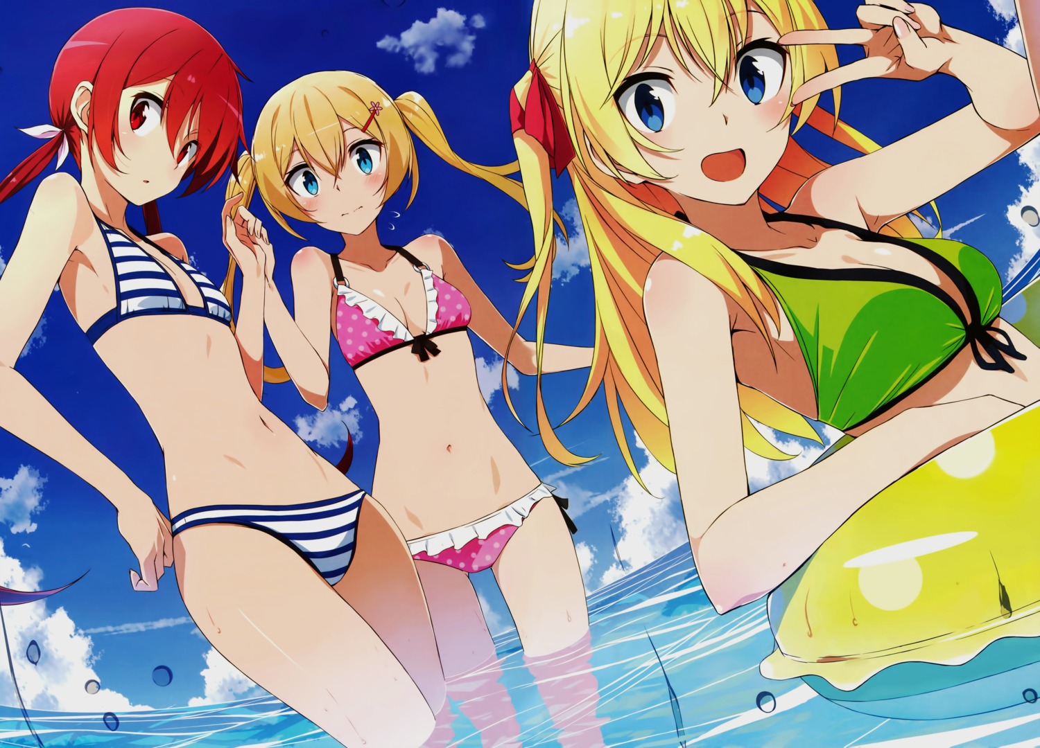 bikini cleavage joukamachi_no_dandelion jpeg_artifacts sakurada_akane sakurada_hikari satou_hana swimsuits wet