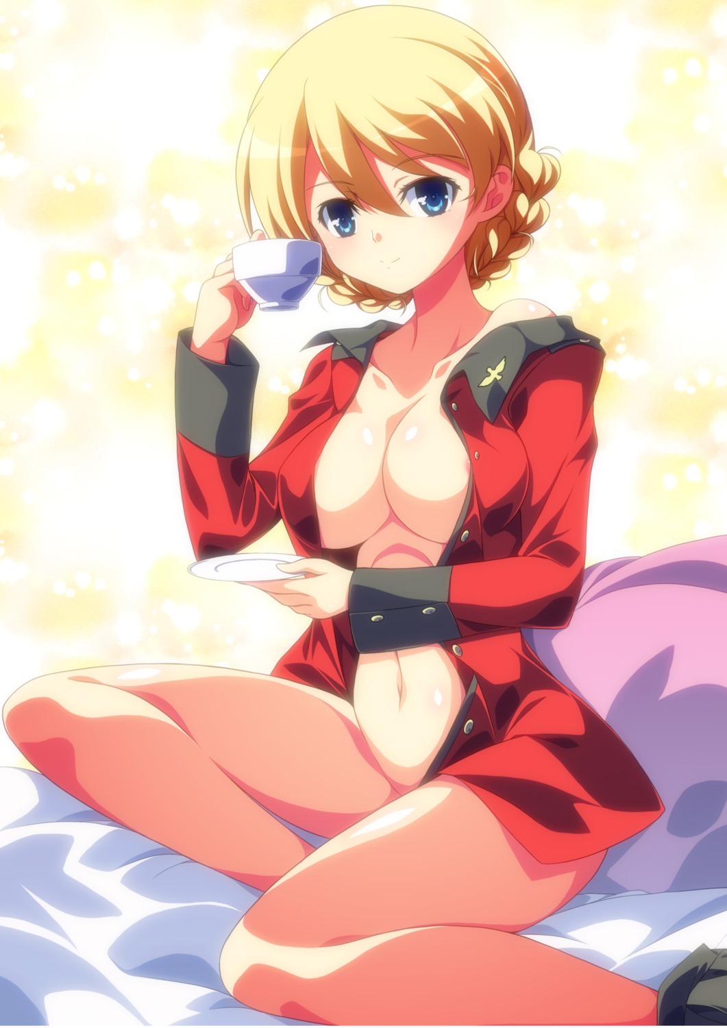 areola bottomless darjeeling girls_und_panzer ka2 no_bra open_shirt uniform