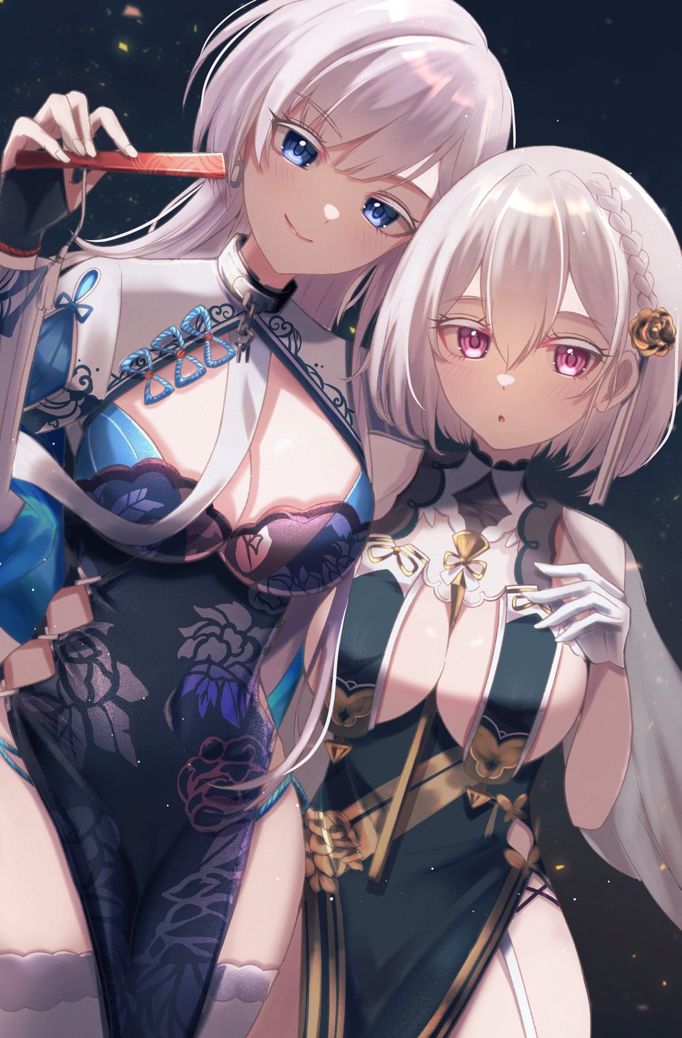 asian_clothes azur_lane belfast_(azur_lane) chinadress junineu no_bra sirius_(azur_lane) thighhighs