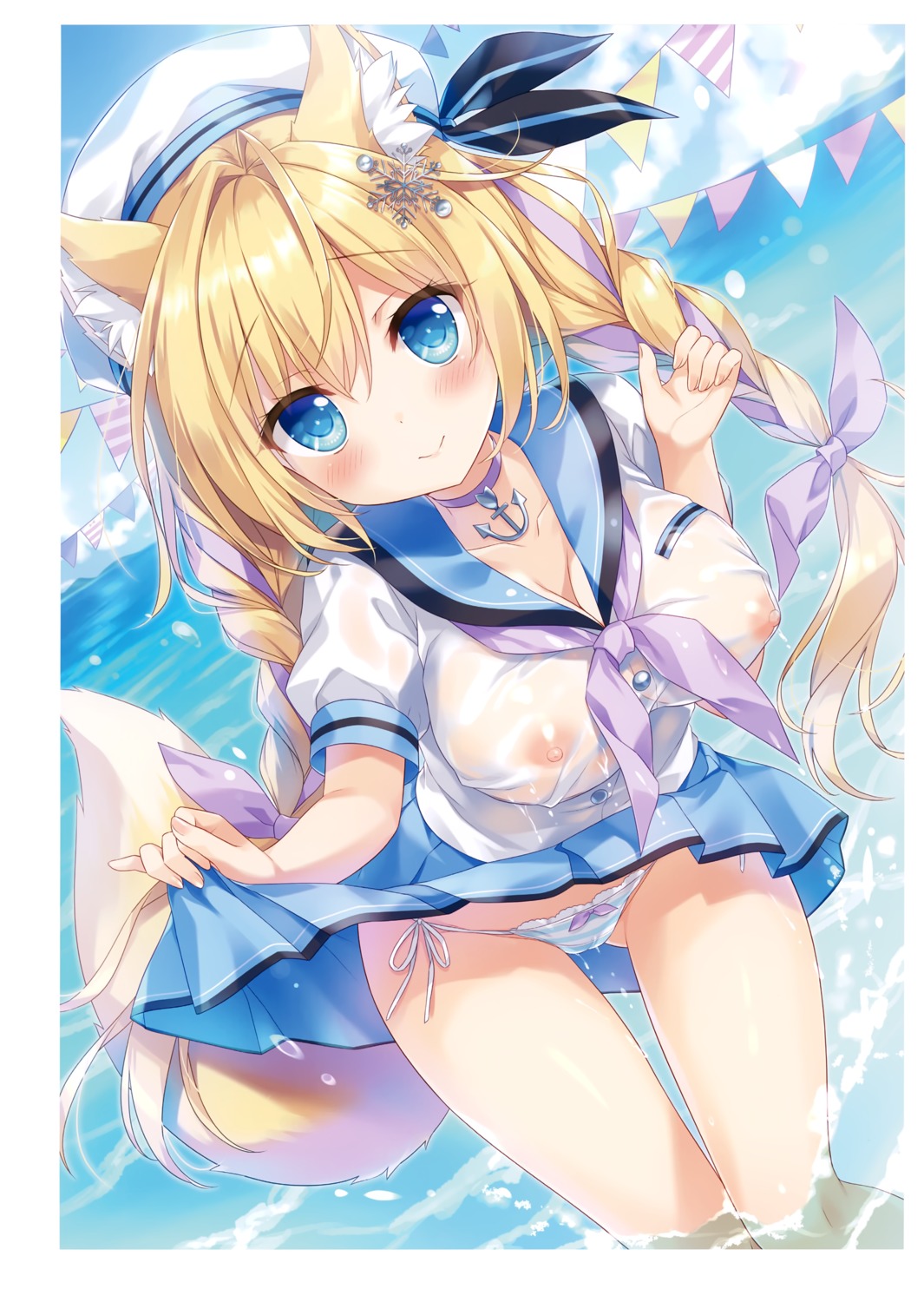 ameto_yuki animal_ears cameltoe kitsune nipples no_bra pantsu see_through seifuku shimapan skirt_lift spica_(ameto_yuki) string_panties tail wet wet_clothes