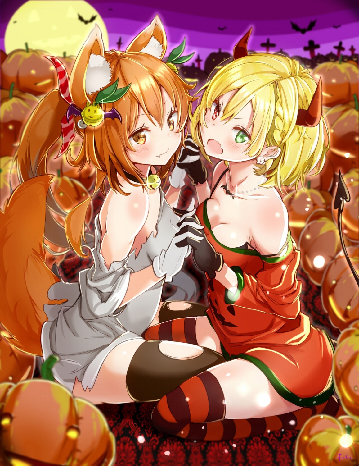 animal_ears cleavage fuku_kitsune halloween heterochromia horns shironeko_project tail thighhighs torn_clothes