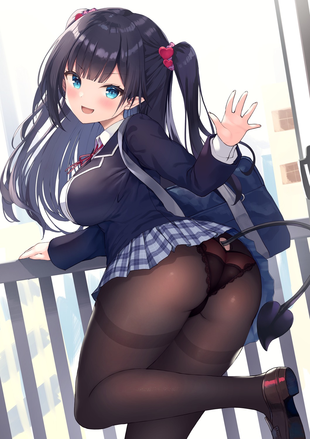 ass ochinsama pantsu pantyhose pointy_ears seifuku skirt_lift tail thong