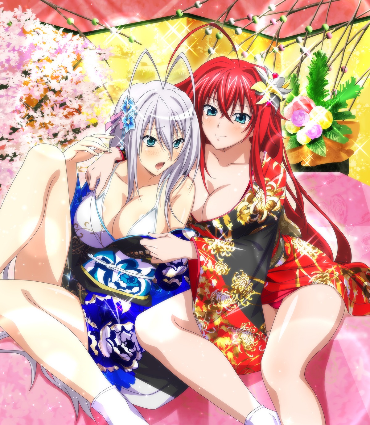 bra cleavage highschool_dxd kimono marvelous_entertainment no_bra open_shirt pantsu rias_gremory rossweisse skirt_lift undressing yuri