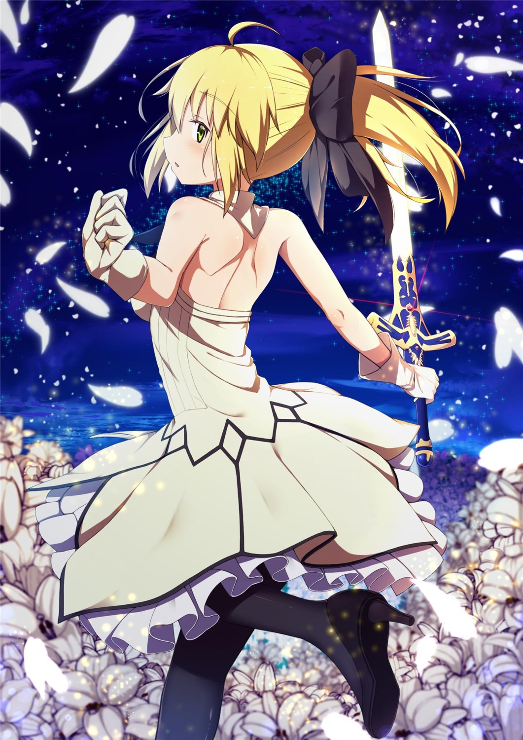 dress fate/grand_order heels kawaruhi no_bra pantyhose saber saber_lily skirt_lift sword