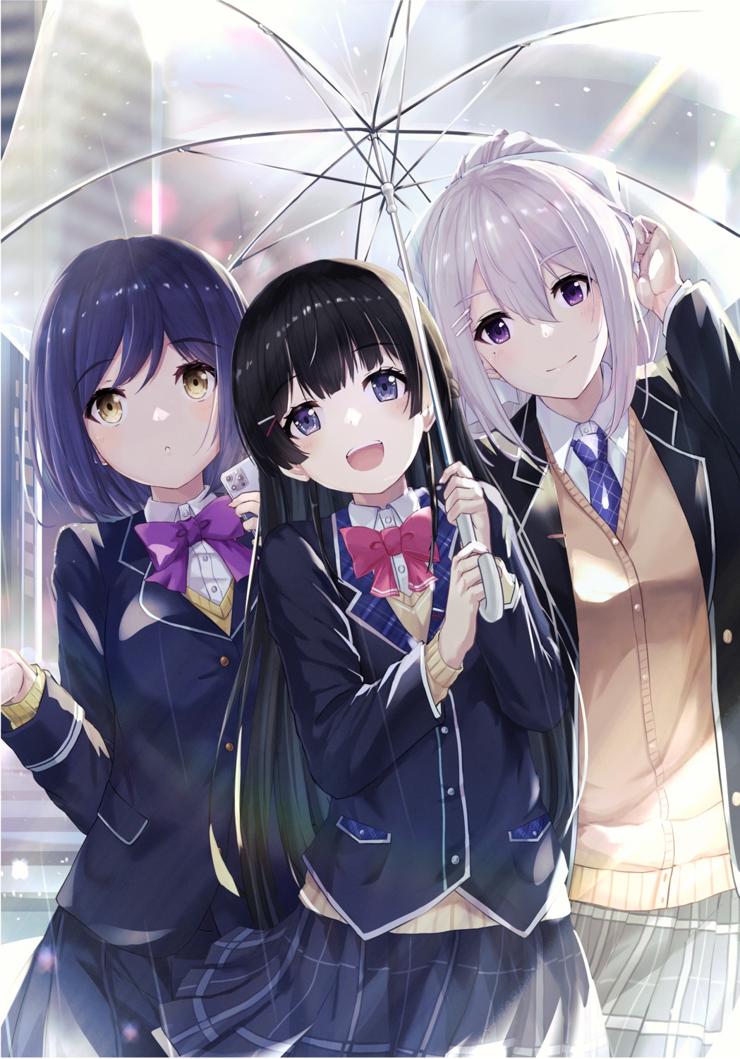 aka_(440626) higuchi_kaede nijisanji seifuku shizuka_rin skirt_lift sweater tsukino_mito umbrella