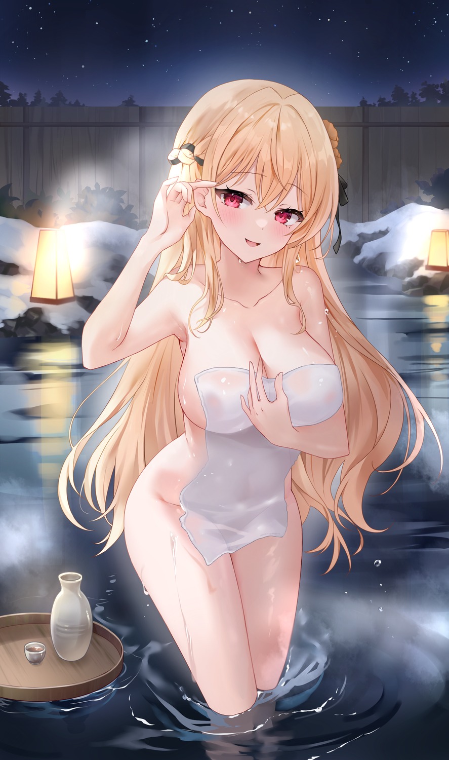 cream_(cream) mayo_(miyusa) naked onsen sake see_through towel wet