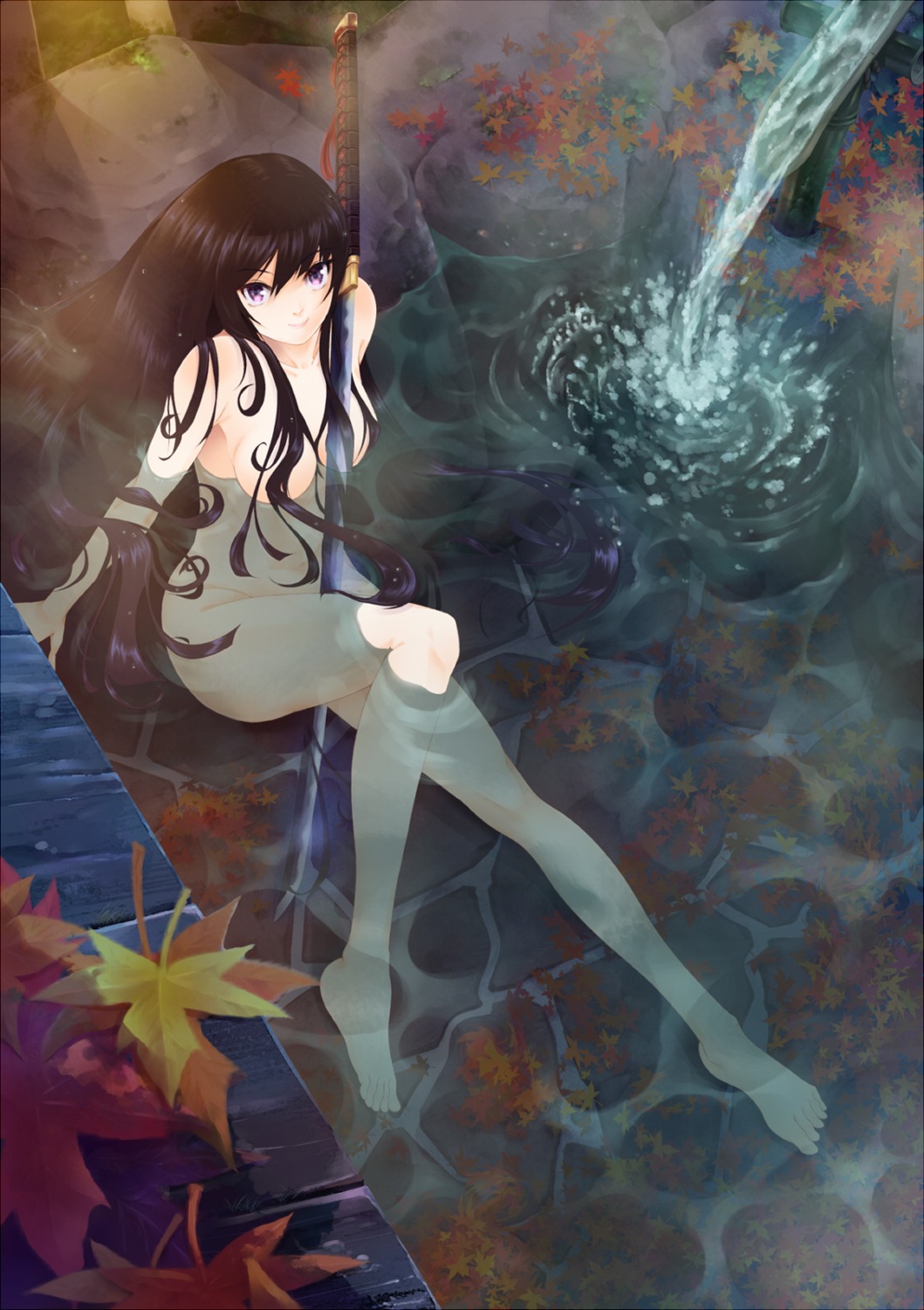 bathing naked onsen ryouku sword wet