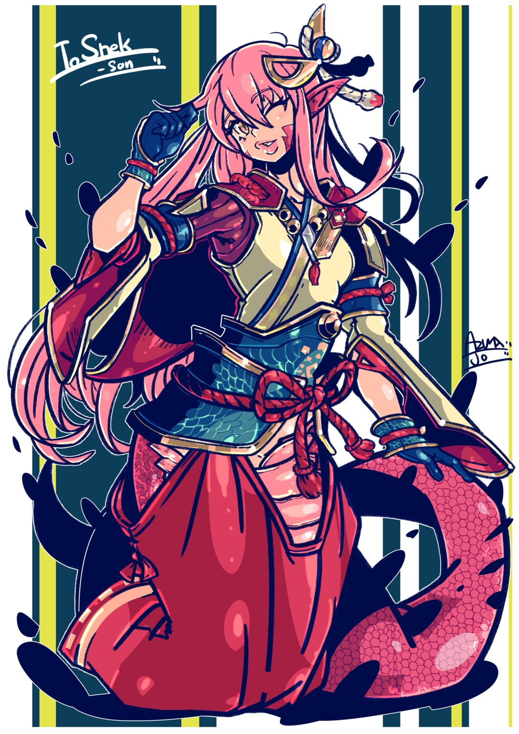 armor japanese_clothes miia_(monster_musume) monster_girl monster_musume_no_iru_nichijou pointy_ears rolan-ce tail