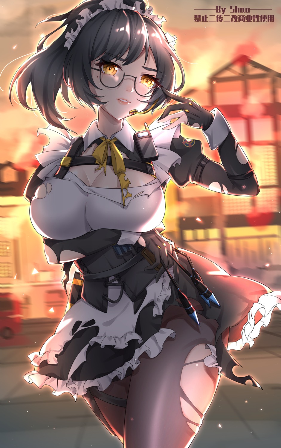 ace_force cleavage maid megane pantyhose shao_(shaorouhong) torn_clothes weapon