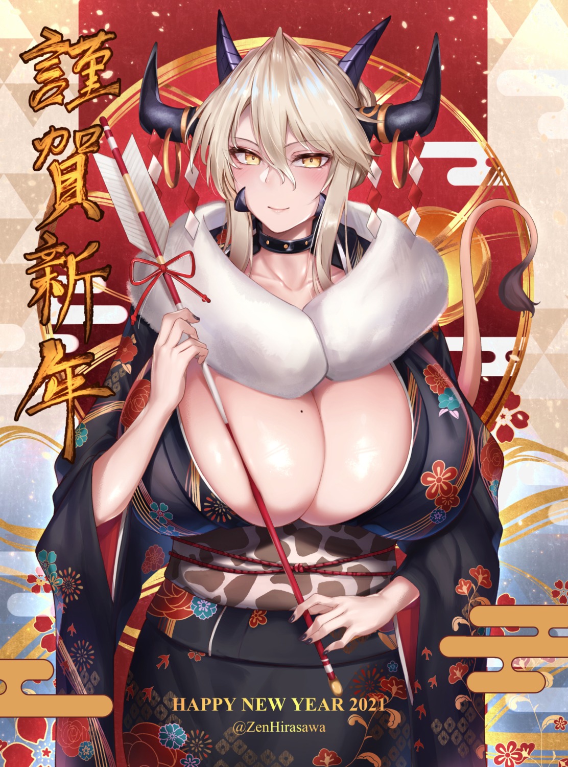 artoria_pendragon_(lancer_alter) fate/grand_order hirasawa_seiji horns kimono no_bra open_shirt