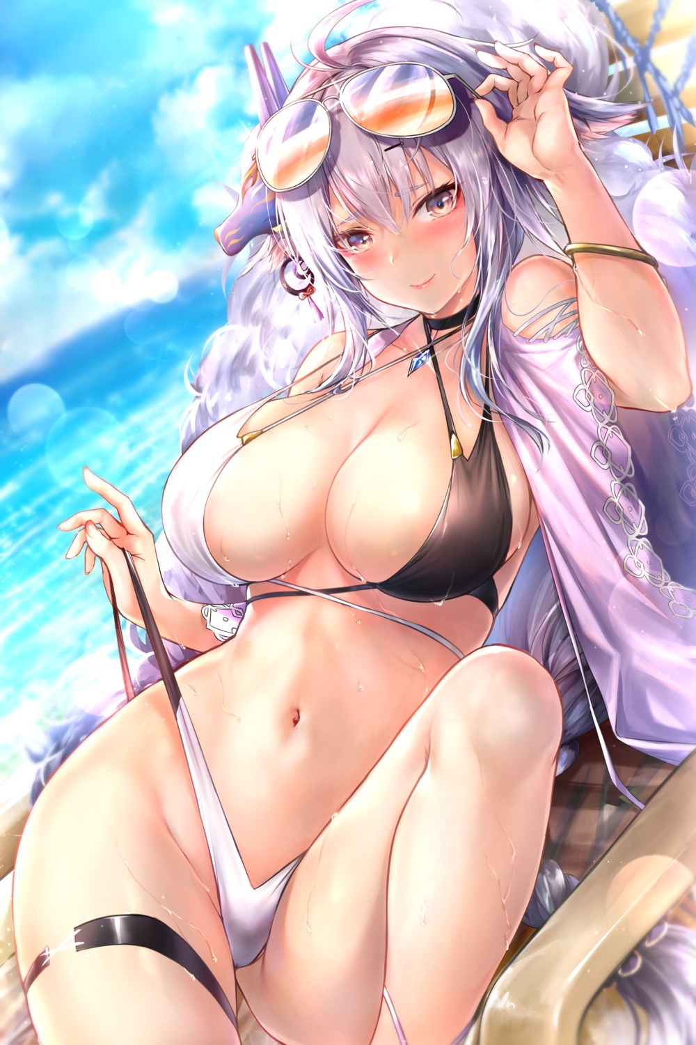 animal_ears azur_lane bikini garter megane rei_kun swimsuits tosa_(azur_lane) undressing wet