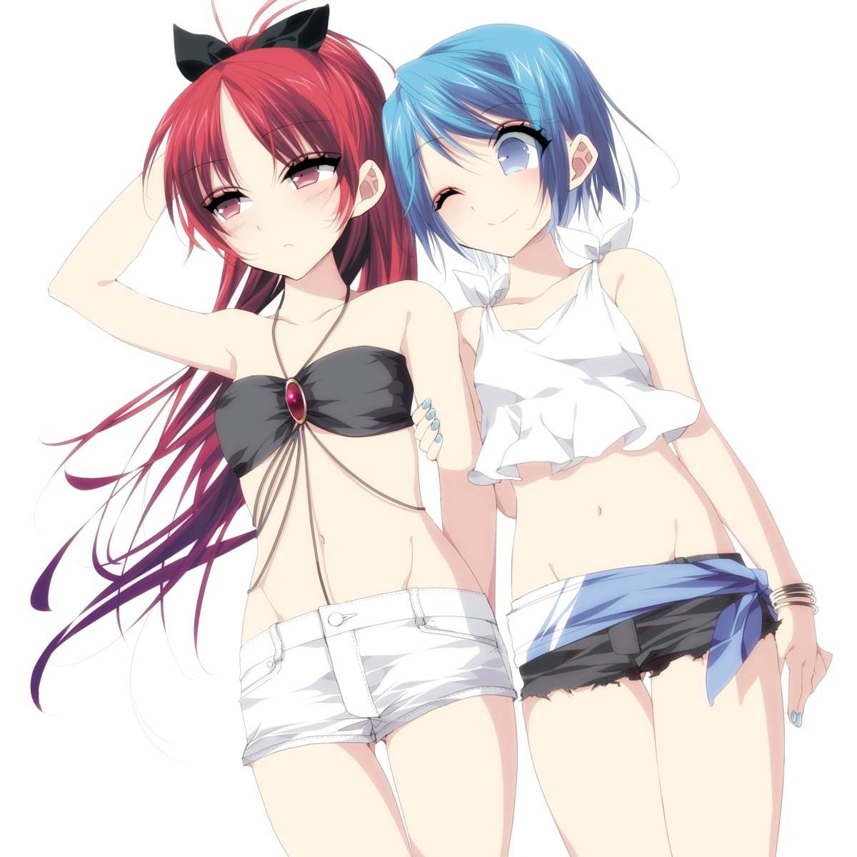 bikini_top cleavage mahou_shoujo_madoka_magica miki_sayaka misteor sakura_kyouko swimsuits yuri