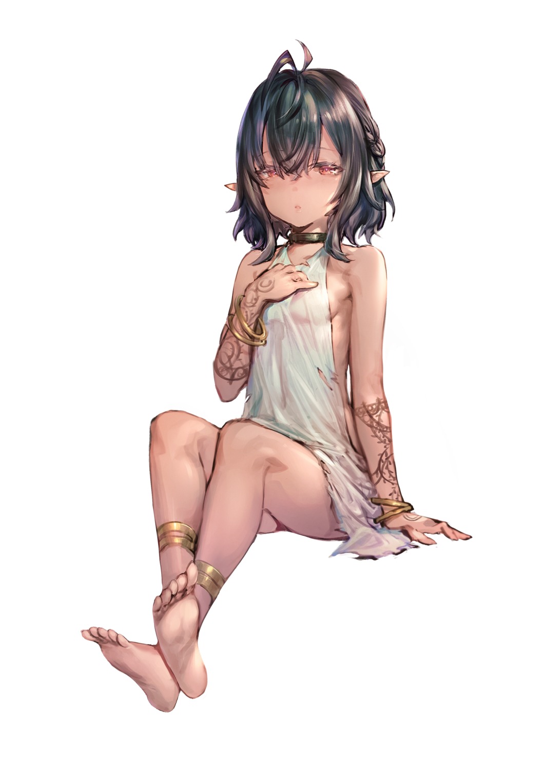 breast_hold feet leon_v loli no_bra pointy_ears see_through tattoo torn_clothes
