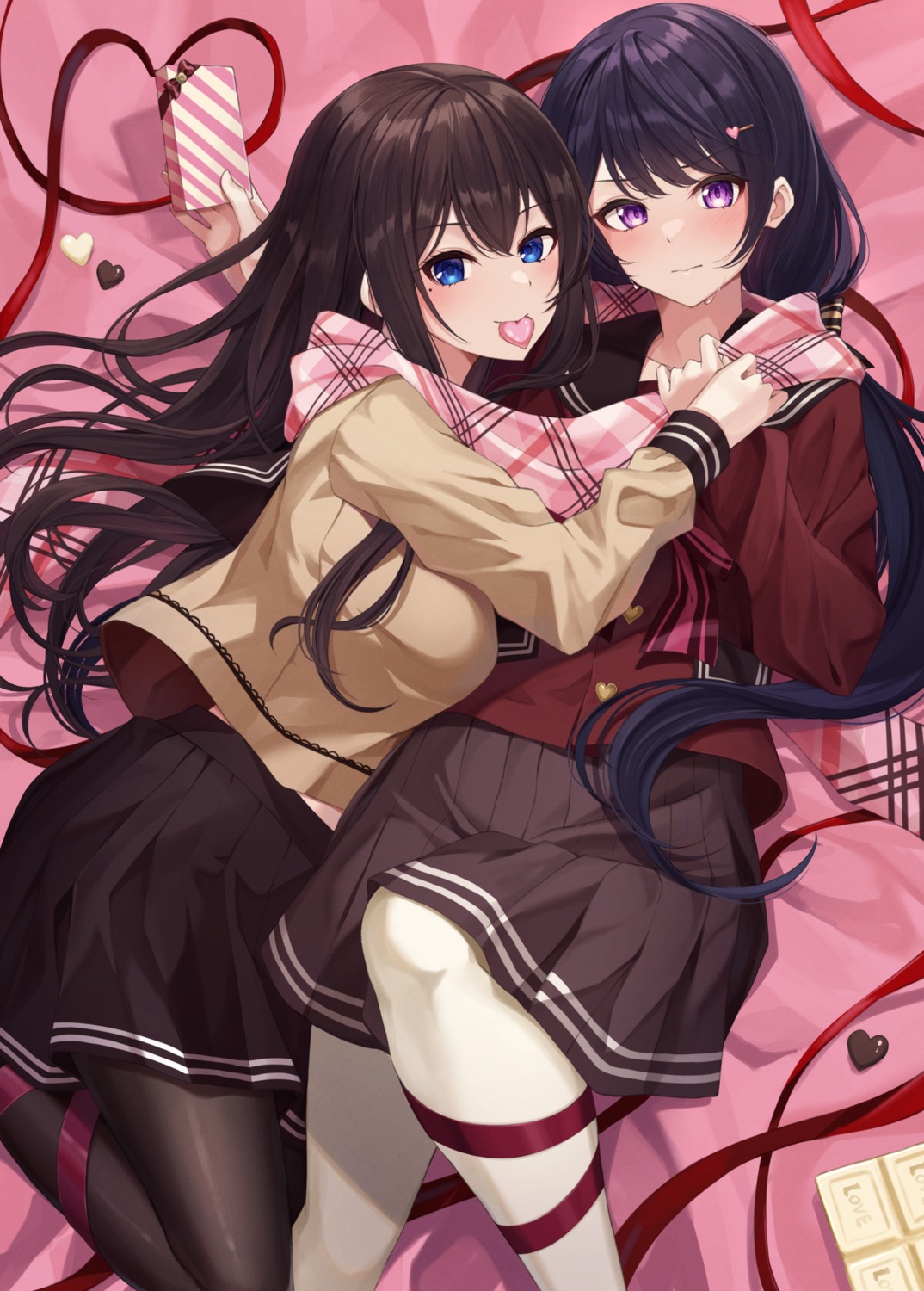 kuroto_yuu pantyhose seifuku skirt_lift sweater valentine yuri