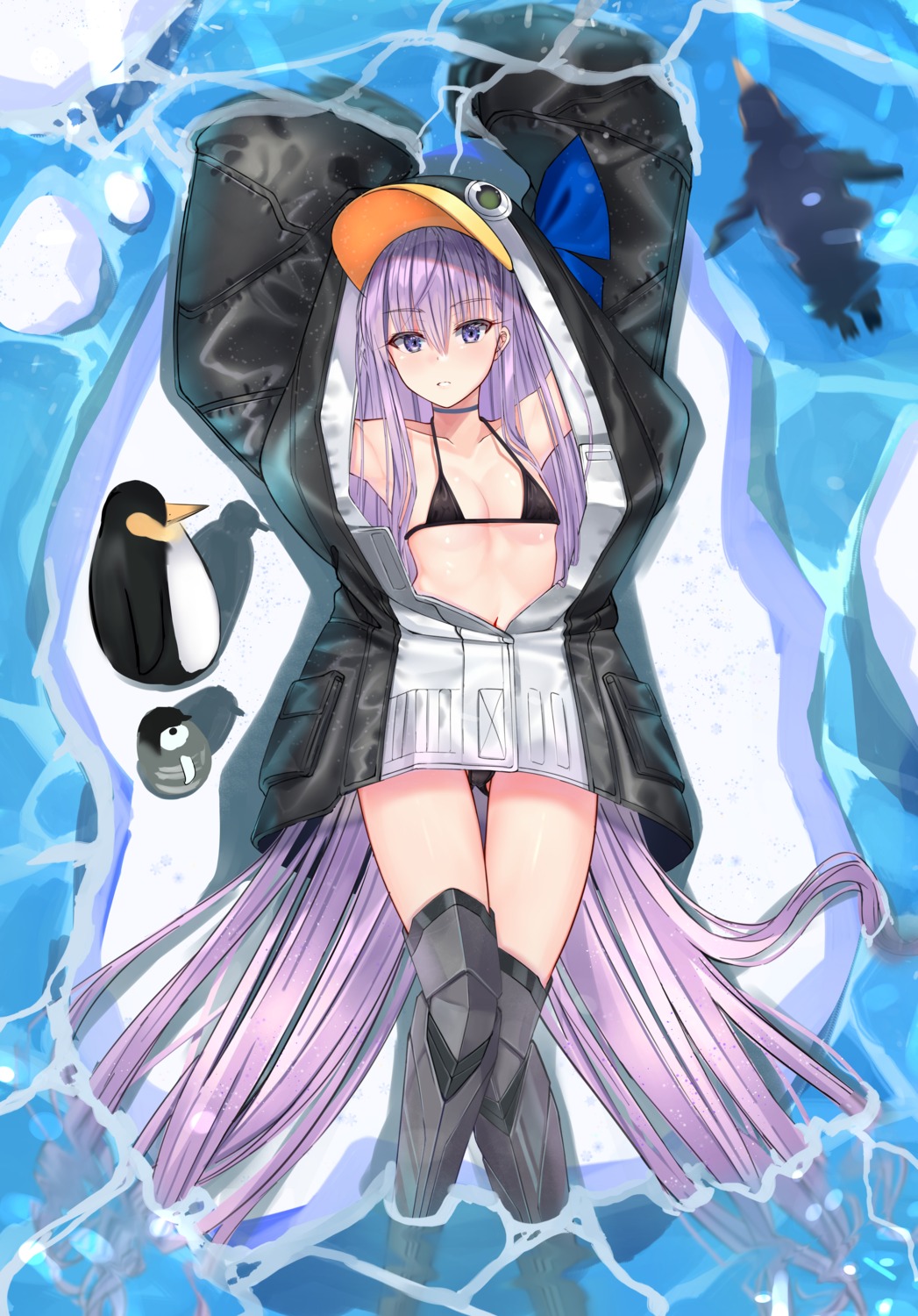 armor bikini fate/grand_order meltryllis muka_tsuku open_shirt penguin swimsuits thighhighs wet