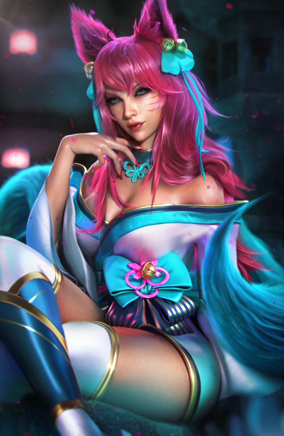 ahri animal_ears asian_clothes kitsune league_of_legends no_bra open_shirt sevenbees tail thighhighs