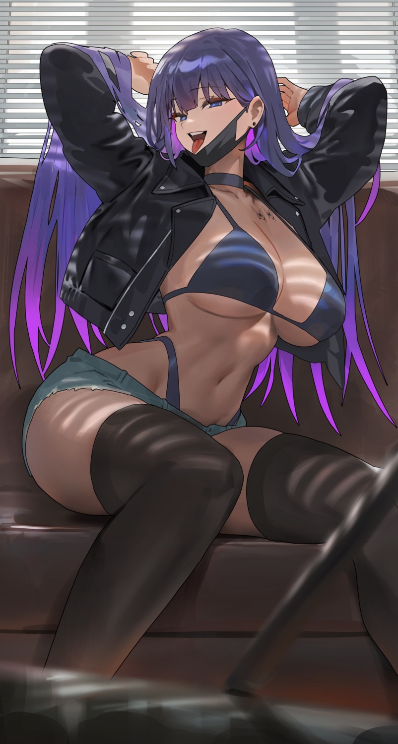 bra hood_(james_x) open_shirt pantsu shiroki_yuna tattoo thighhighs