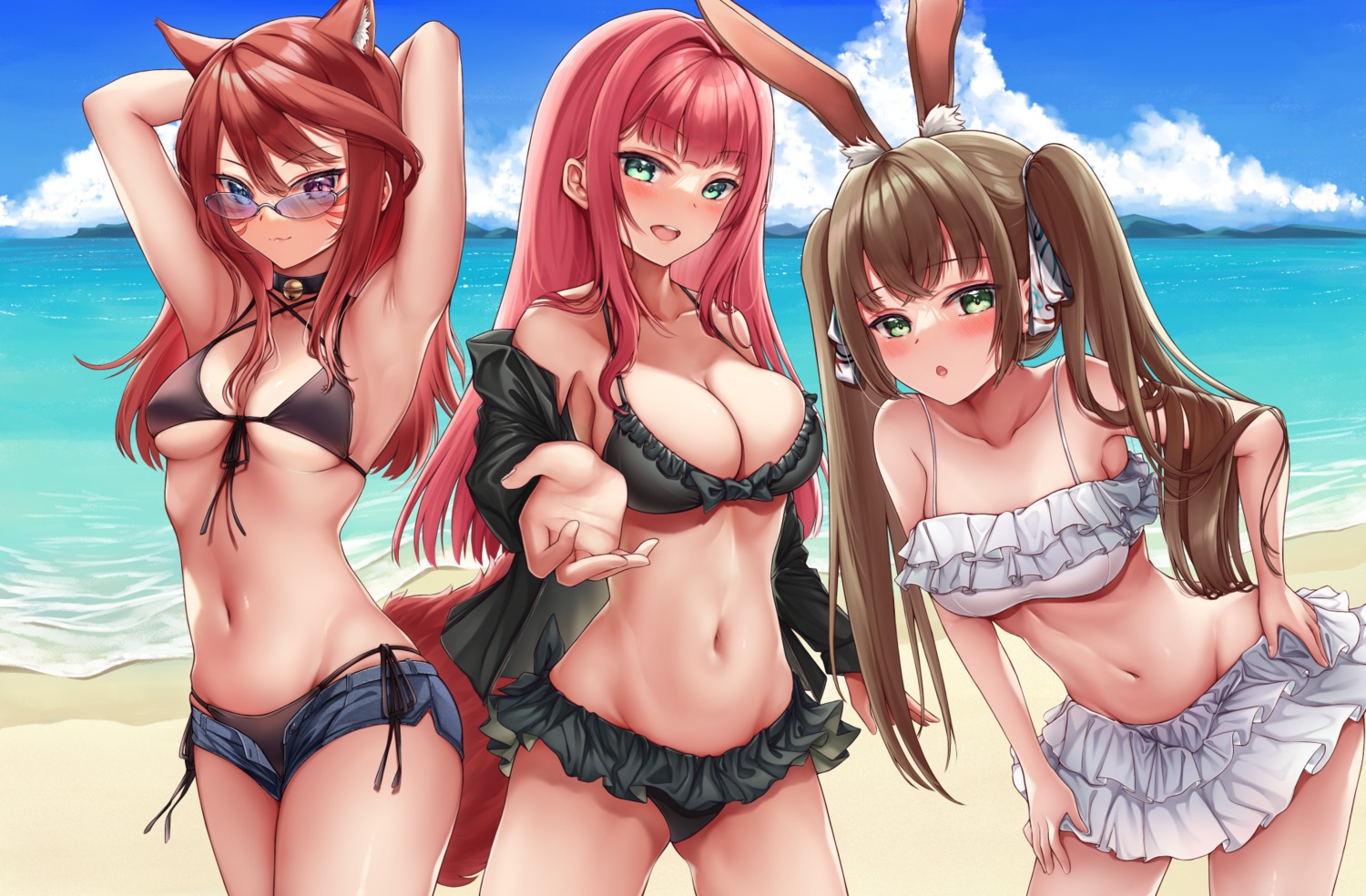 animal_ears bikini bunny_ears ed_granger heterochromia megane open_shirt swimsuits tail