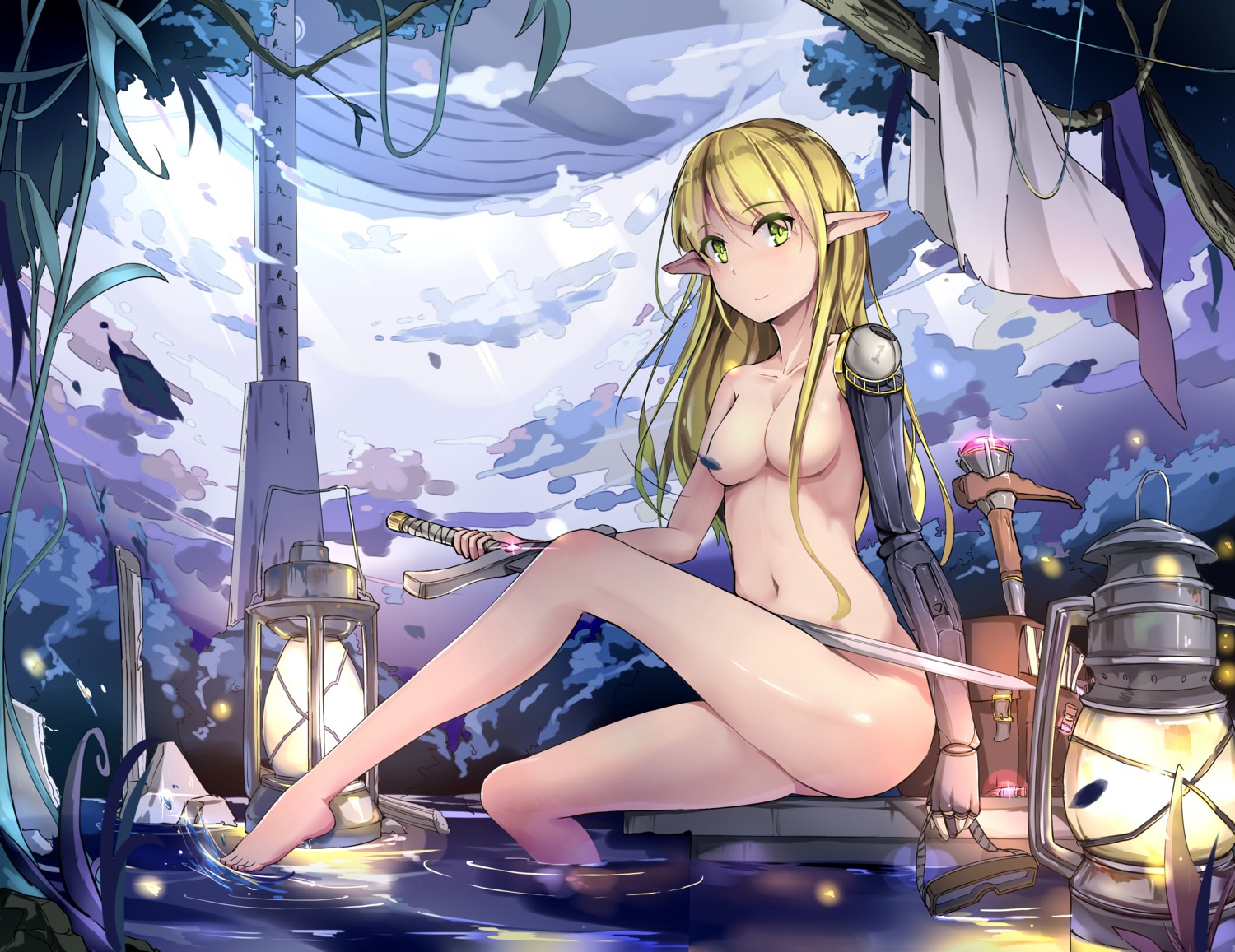 elf hohaku mecha_musume naked pointy_ears sword