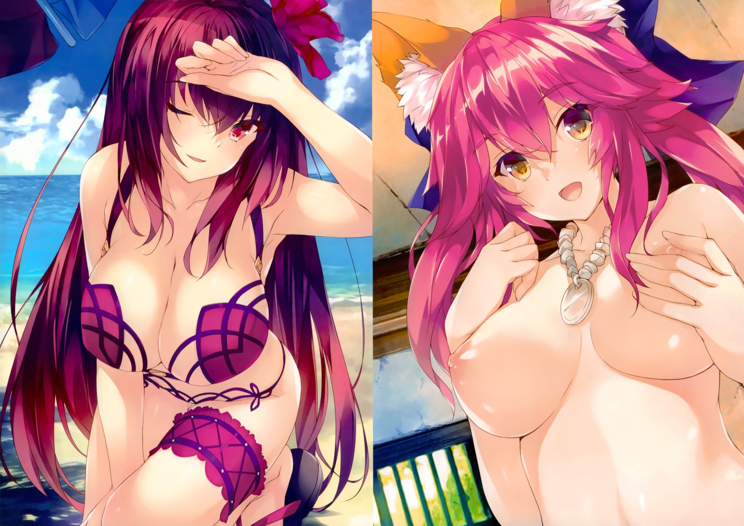 amami_mikihiro bikini breast_hold fate/grand_order garter nipples scathach_(fate/grand_order) swimsuits tamamo_no_mae topless