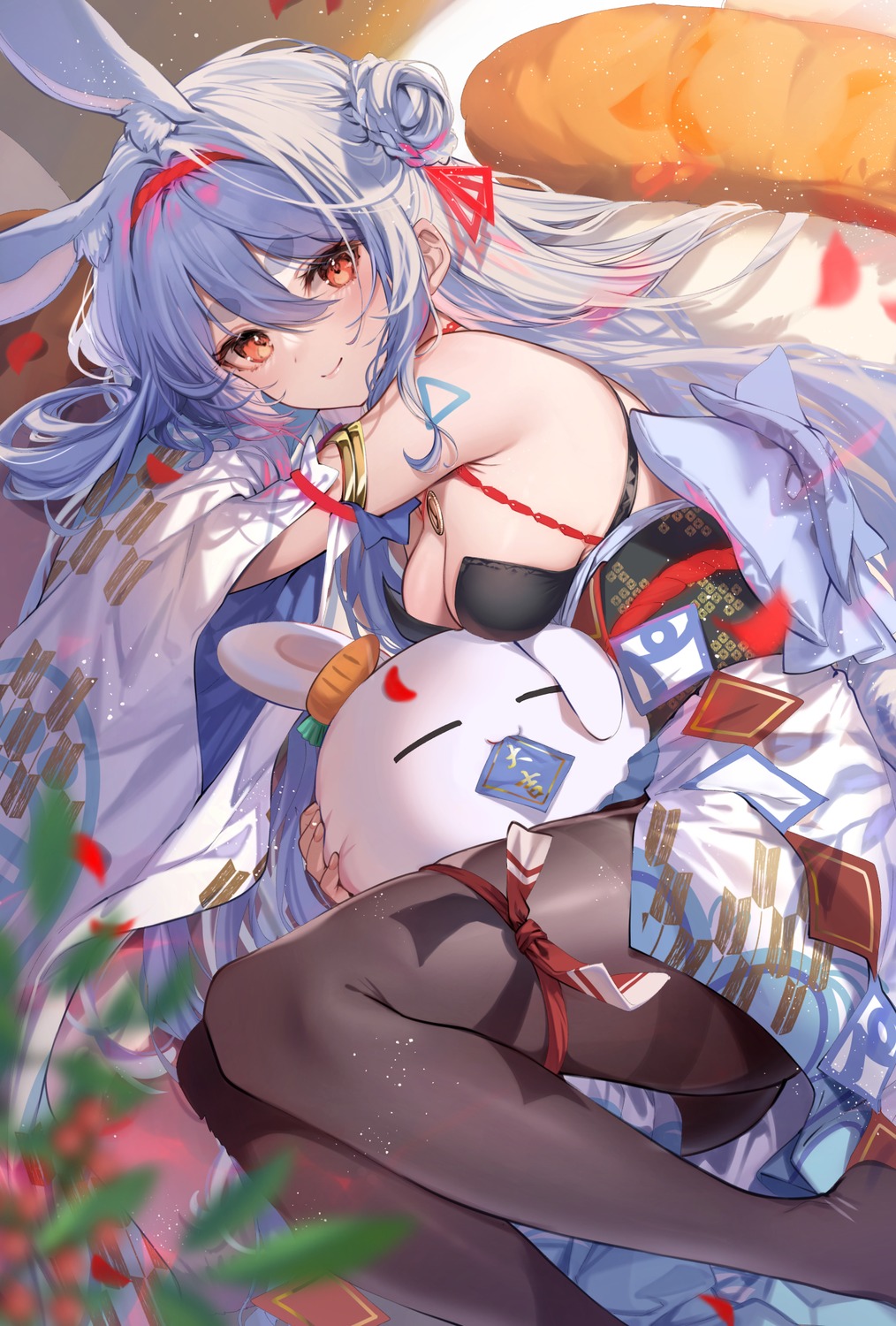 animal_ears bunny_ears bunny_girl garter hololive kimono no_bra pantyhose shuri_(84k) tattoo usada_pekora