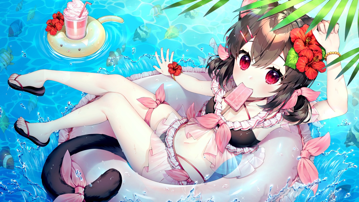 animal_ears bikini ha_youn nekomimi see_through swimsuits tail wet