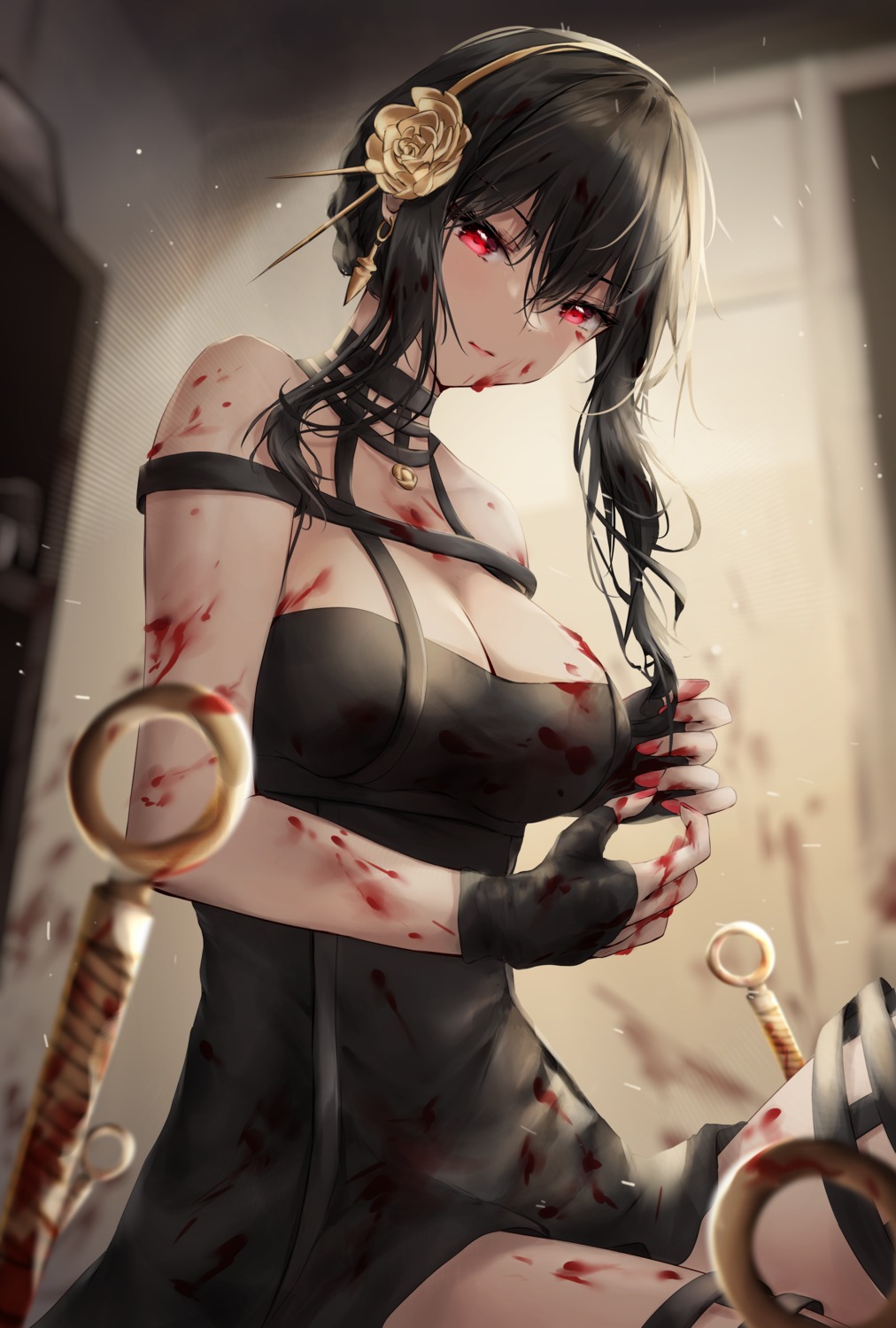 blood dress kagi_(dicedkey) no_bra spy_x_family weapon yor_briar