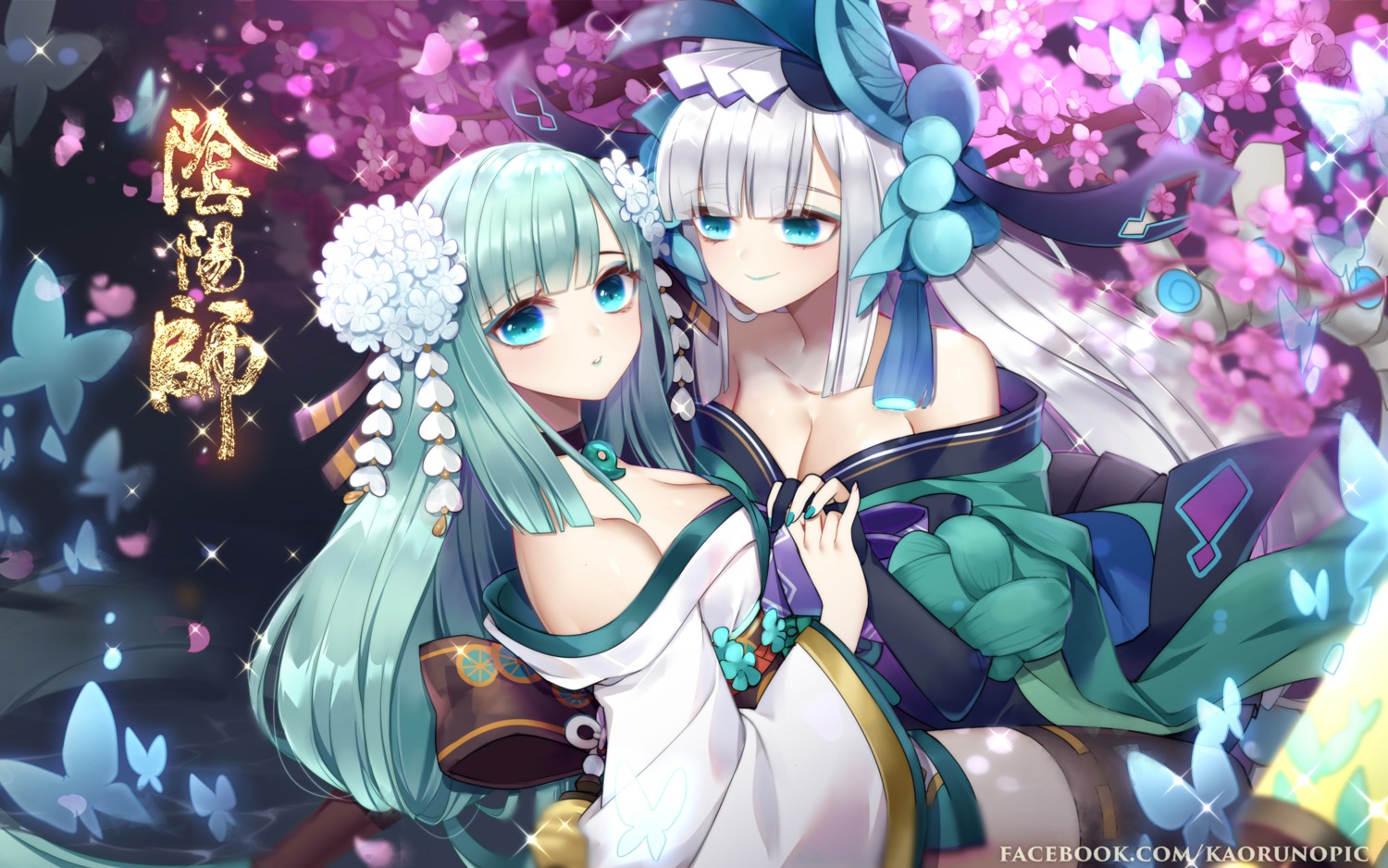 aoandon atobesakunolove cleavage japanese_clothes no_bra onmyouji open_shirt thighhighs yuri