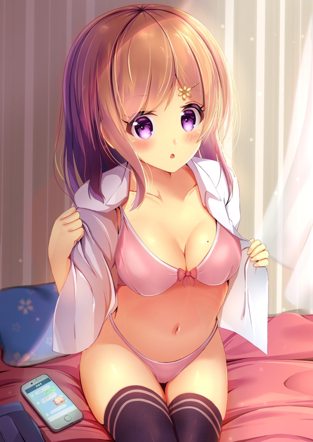 amane_1906 bra cleavage dress_shirt open_shirt pantsu thighhighs undressing