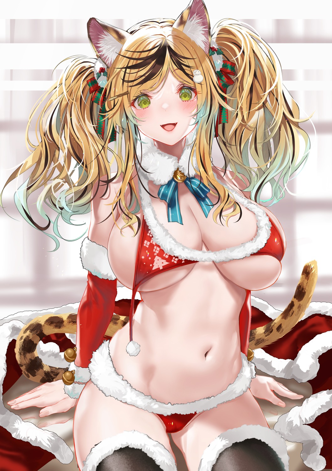 animal_ears bikini christmas shimofuri swimsuits tail thighhighs wardrobe_malfunction