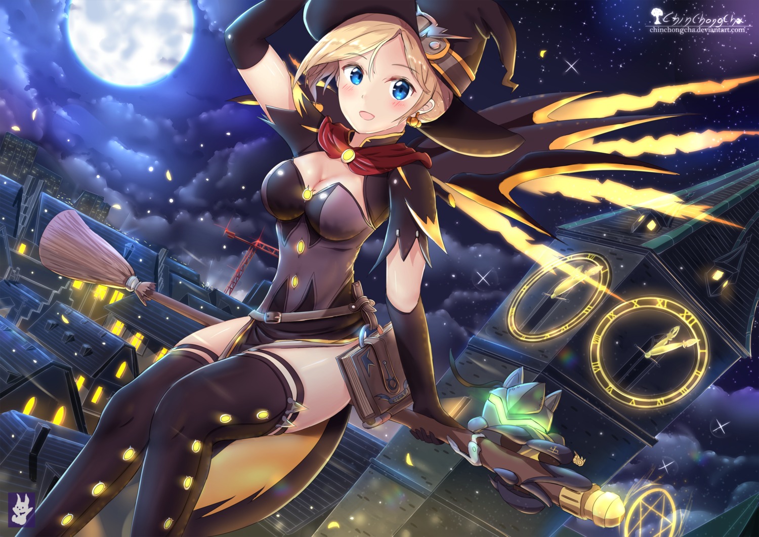 chinchongcha cleavage dress halloween mercy_(overwatch) overwatch thighhighs wings witch