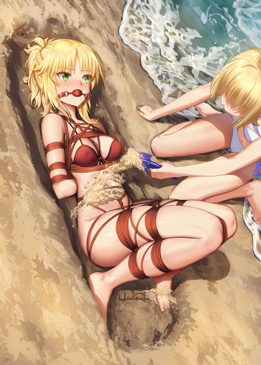 bikini bikini_top bondage bottomless cameltoe fate/grand_order haneru mordred_(fate) saber saber_lily swimsuits