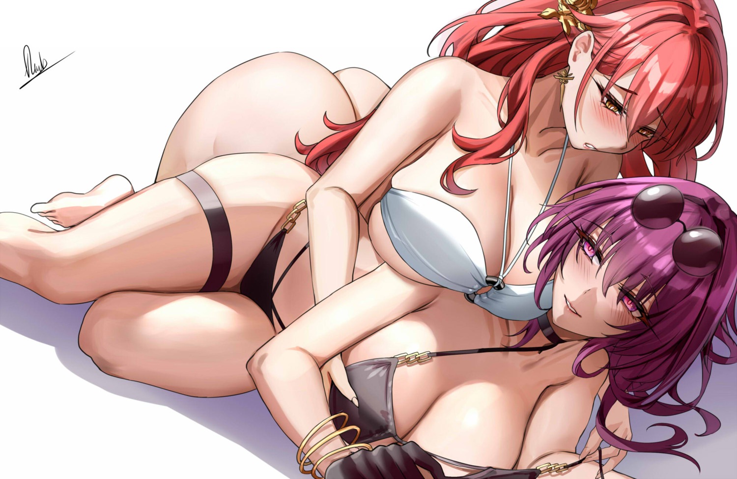 bikini bikini_top bottomless breast_grab garter himeko honkai:_star_rail kafka_(honkai:_star_rail) megane piukute062 swimsuits yuri