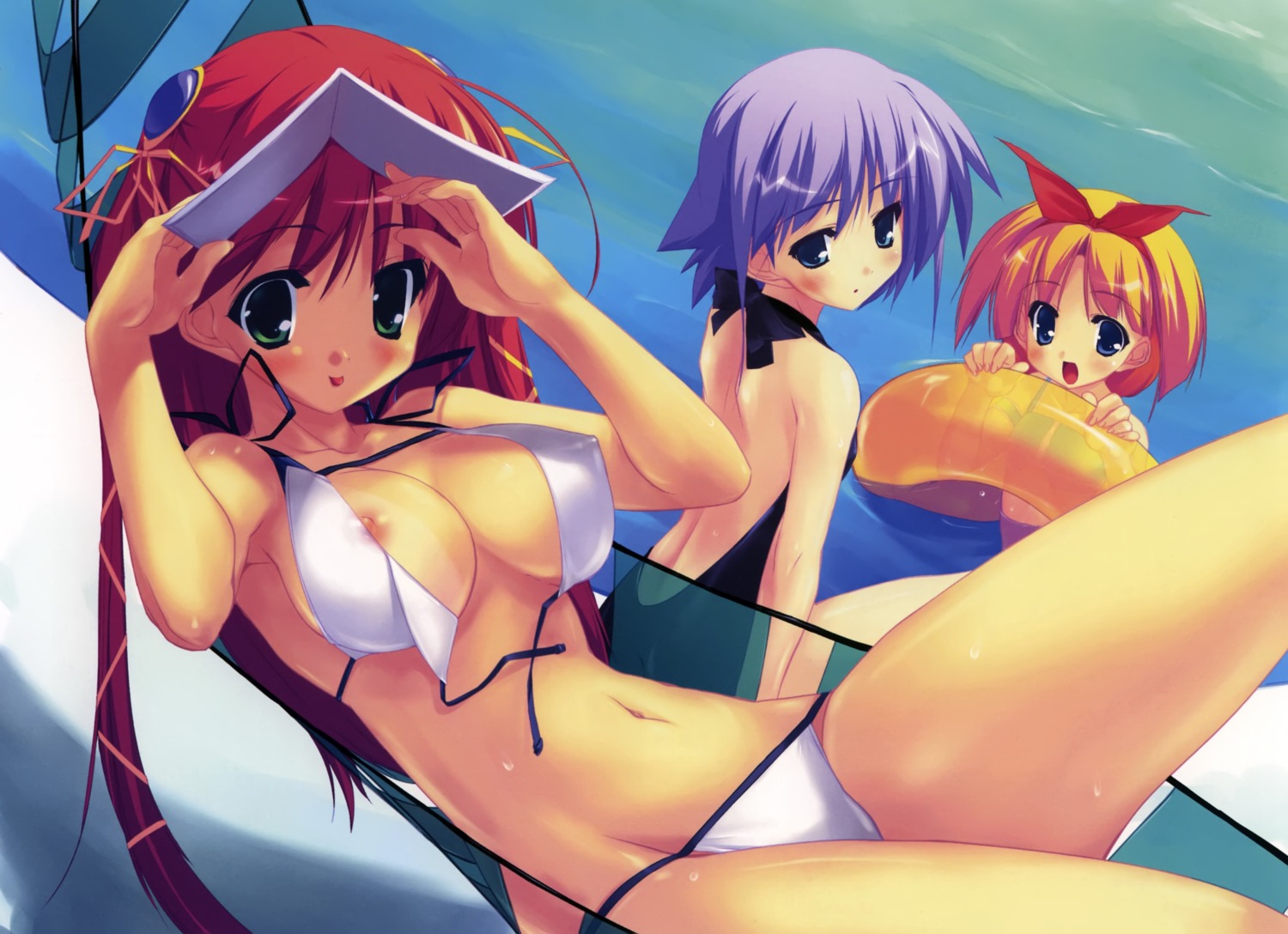 amao_mashiro bikini erect_nipples night_wizard night_wizard:_mahou_taisen nipple_slip nishina_kotori rune swimsuits tan_lines urotan utsuho_tsugumi wardrobe_malfunction wet