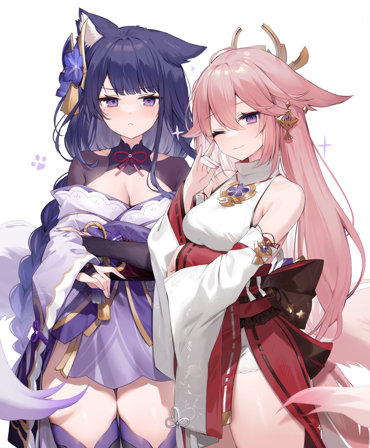 animal_ears genshin_impact japanese_clothes kitsune muryo no_bra open_shirt raiden_shogun tail thighhighs yae_miko