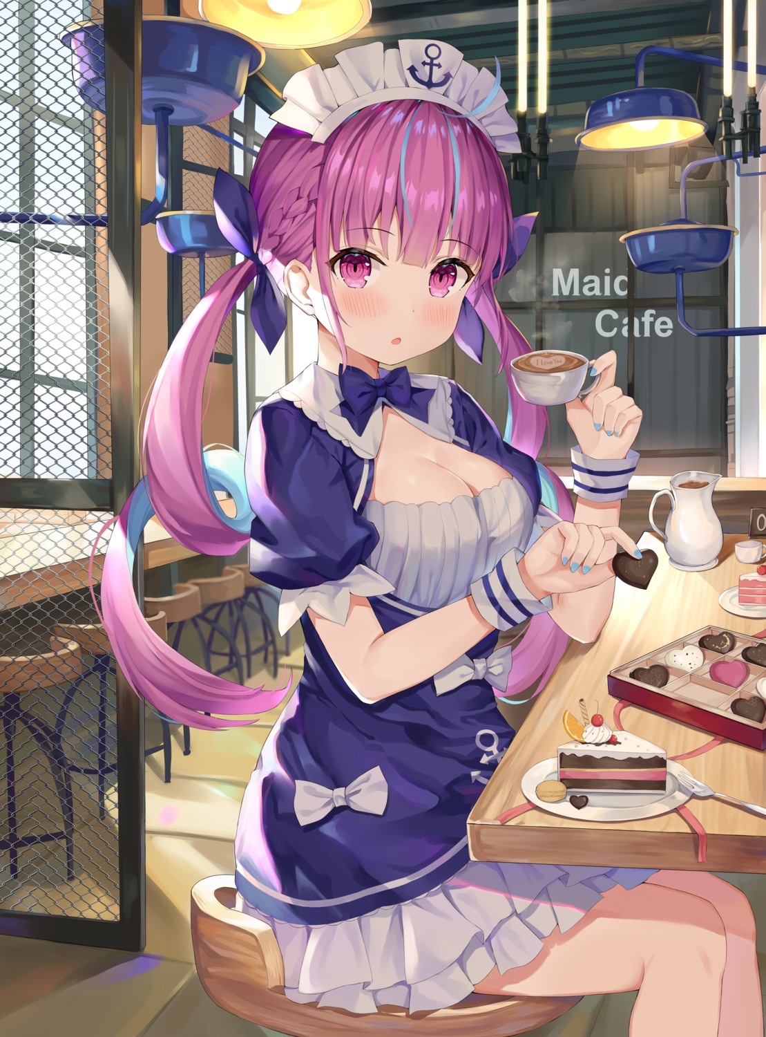 cleavage hololive kizuna maid minato_aqua valentine waitress