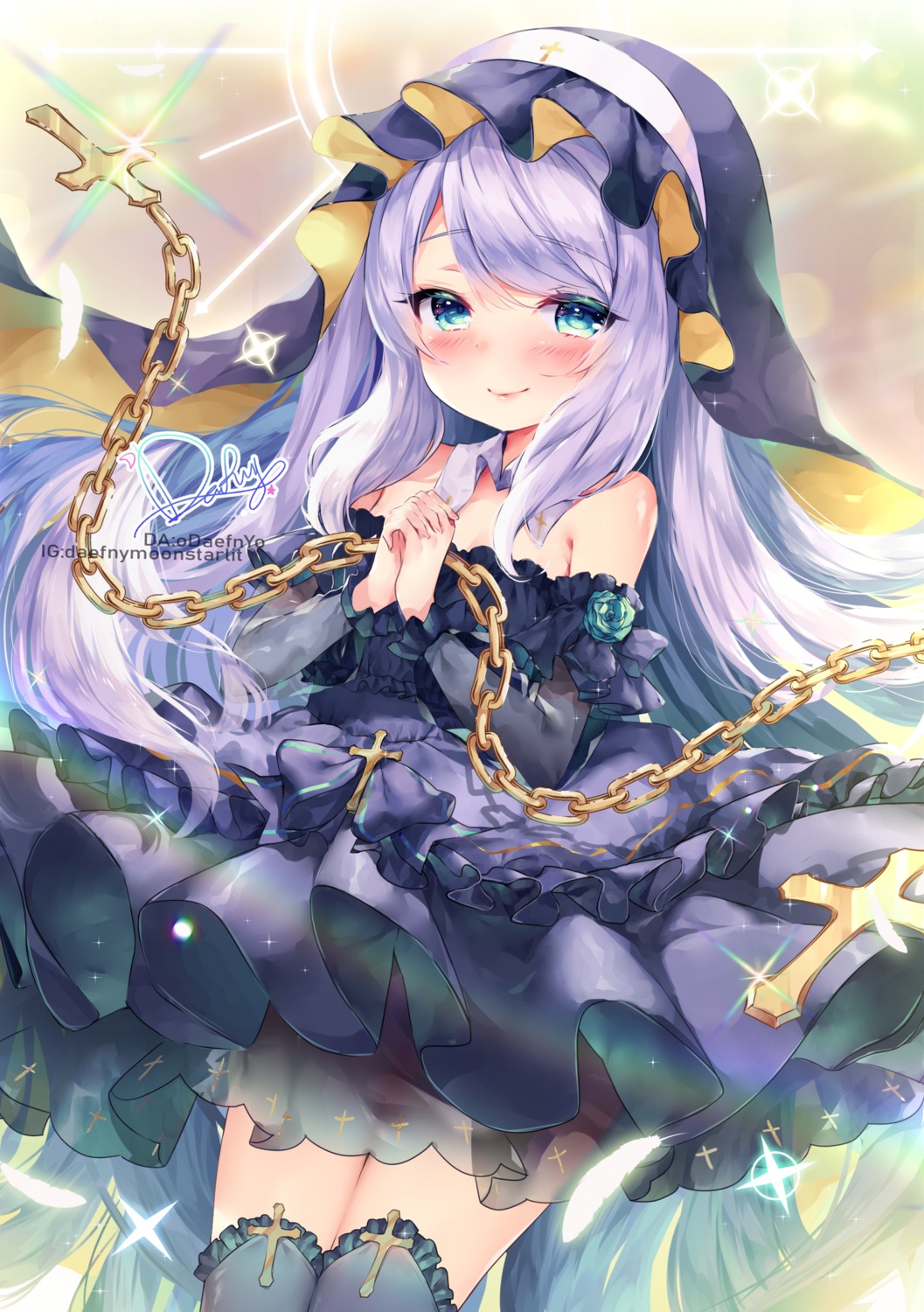 breast_hold gothic_lolita lolita_fashion no_bra nun odaefnyo see_through skirt_lift thighhighs